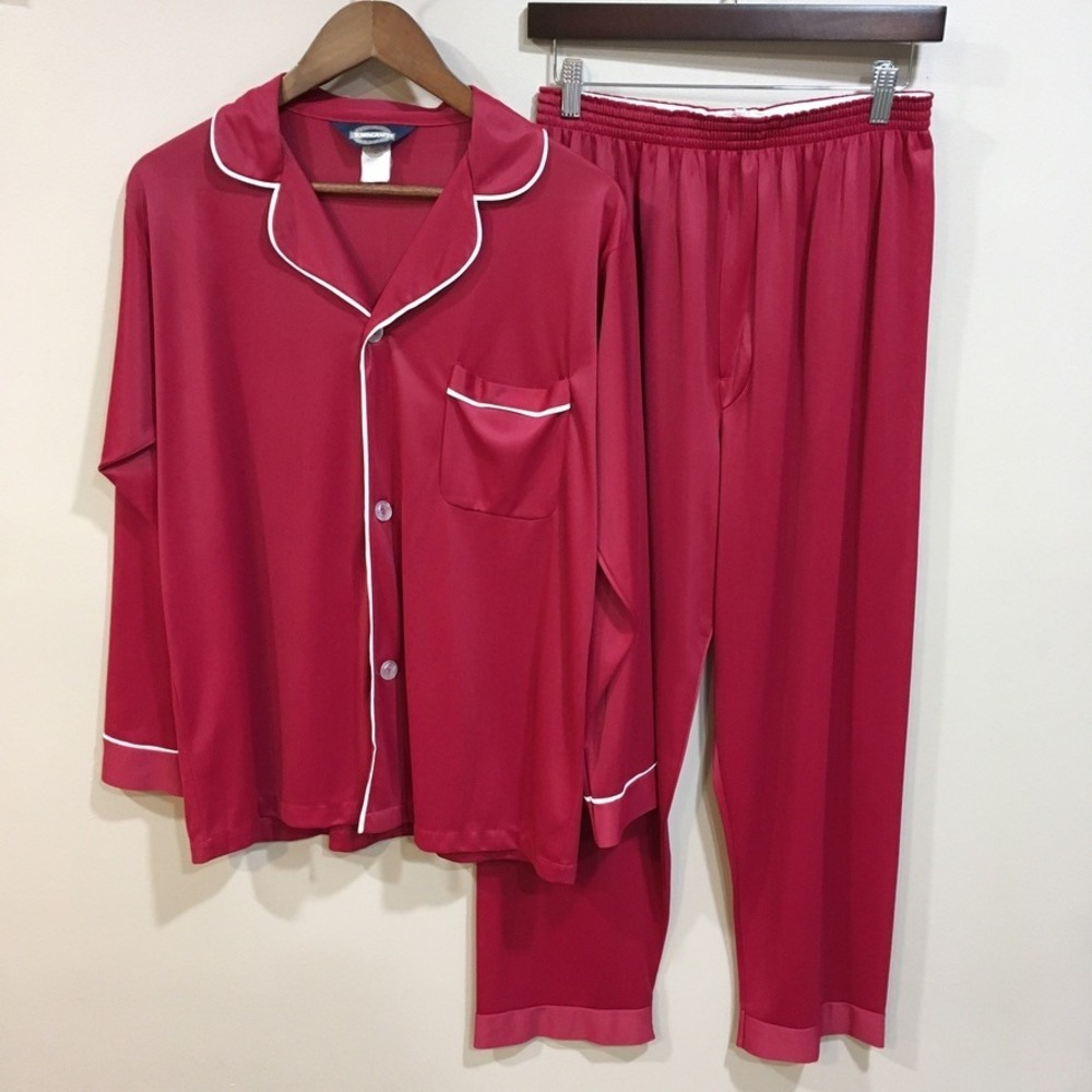 Vintage Towncraft Button Front Pajama Set Womens M Red Nylon Retro Classic Silky